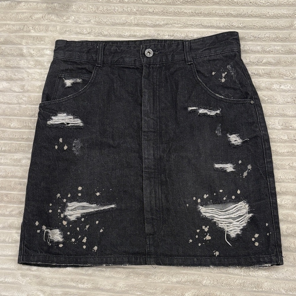 Distressed Black Denim Skirt